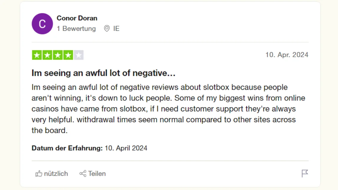 Bewertung zu slotbox.com, abgegeben am 10.4.2024 von Conor Doran (trustpilot.com)