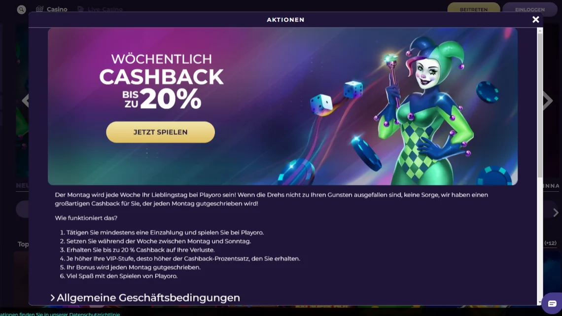 PlayOro Casino Wöchentlicher Cashback