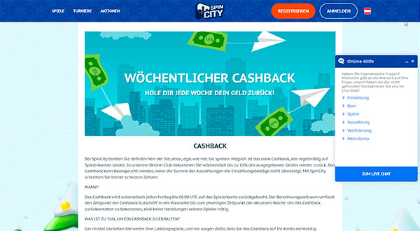 Spin City Casback bonus