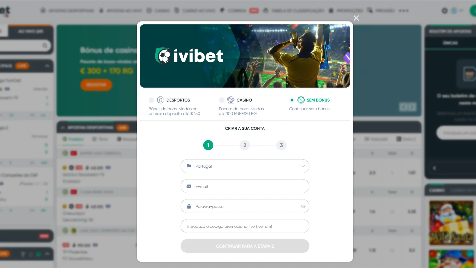 Formulário de registo no Ivibet Casino