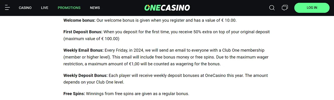 One Casino Welcome Bonus